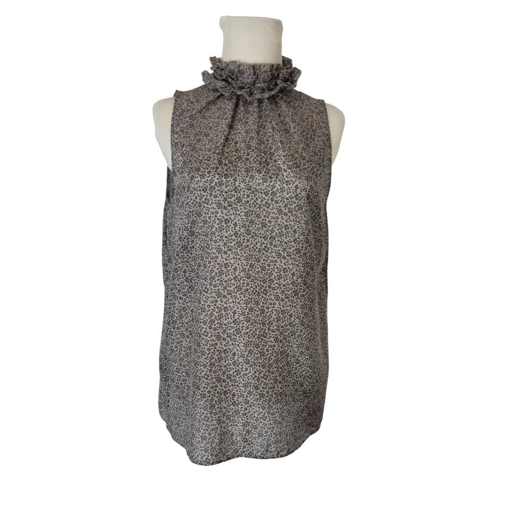 Gap Women's Floral Print Sleeveless Ruffle Neck Blouse Medium Silk Blend Sheer